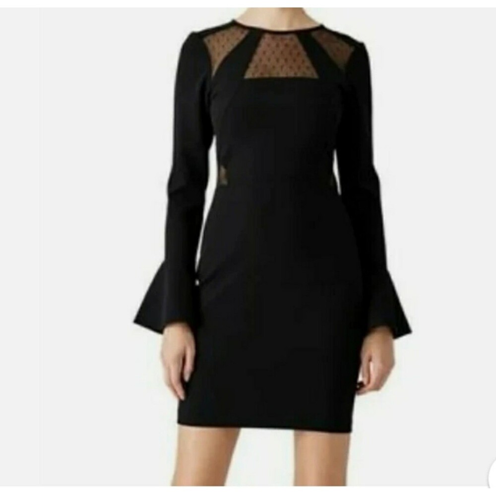 NWT PARKER Black Swiss Dot Insert Bell Sleeve Sheath LBD Sz Med WWW